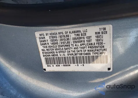 2008 Honda Odyssey Ex-L из США, поврежденный, VIN 5FNRL38718B104835